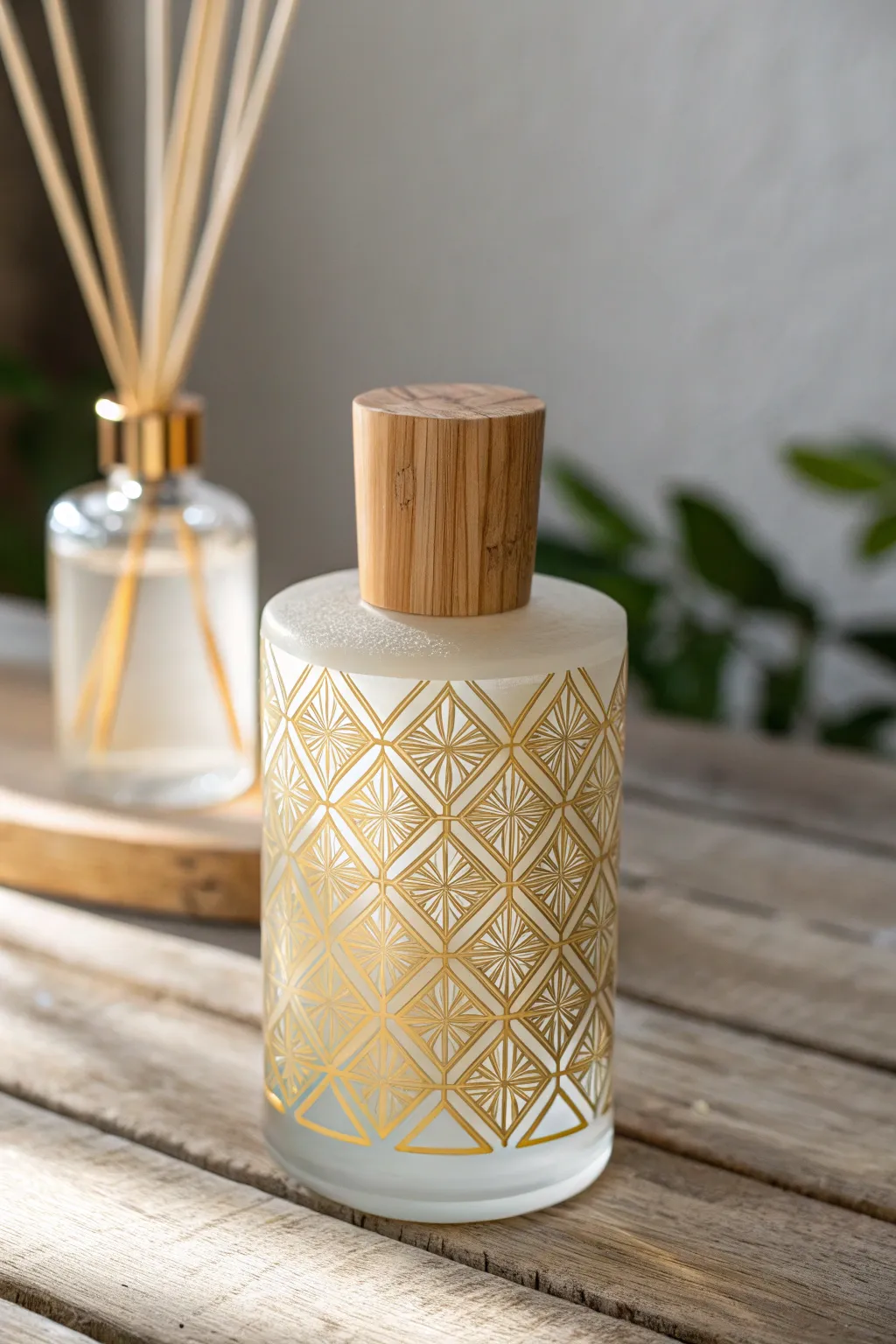 Elevate your space with the elegance of geometric patterns on this stunning reed diffuser.