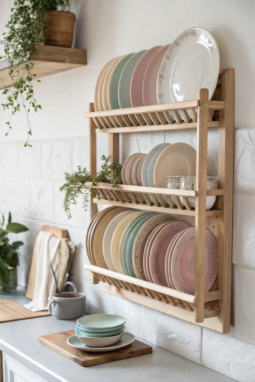 Elevate your kitchen's charm with a minimalist plate rack, blending functionality and beauty effortlessly.
