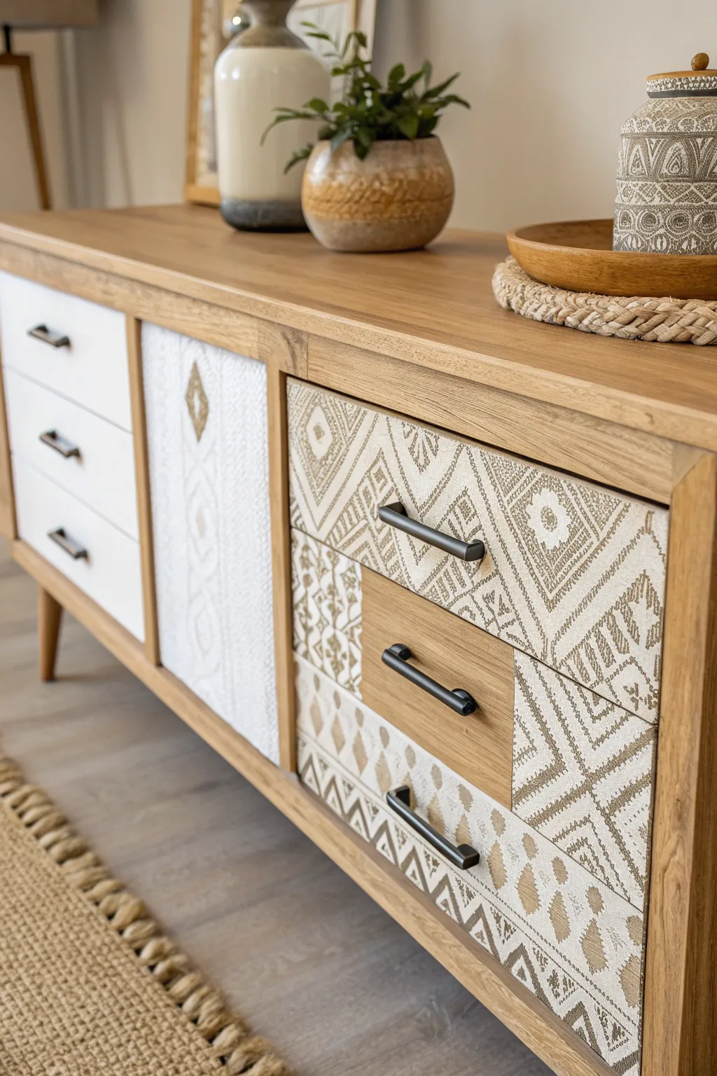 Embrace the art of contrast and craftsmanship with this stunning eclectic buffet design.