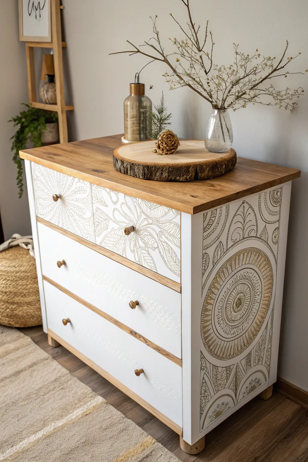 Bring the outdoors in with a touch of nature: a wood slice top dresser for your minimalist sanctuary.