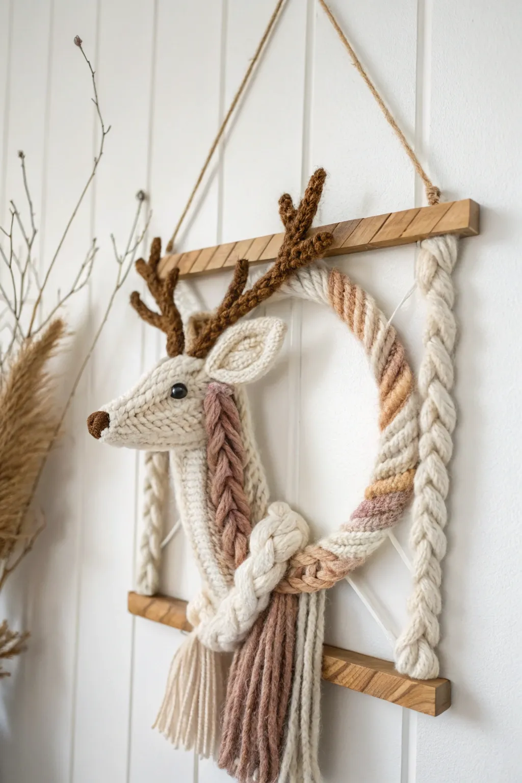 Transform leftover yarn into a stunning piece of art with this minimalist reindeer yarn project. Perfect for a cozy, chic touch in your home!
