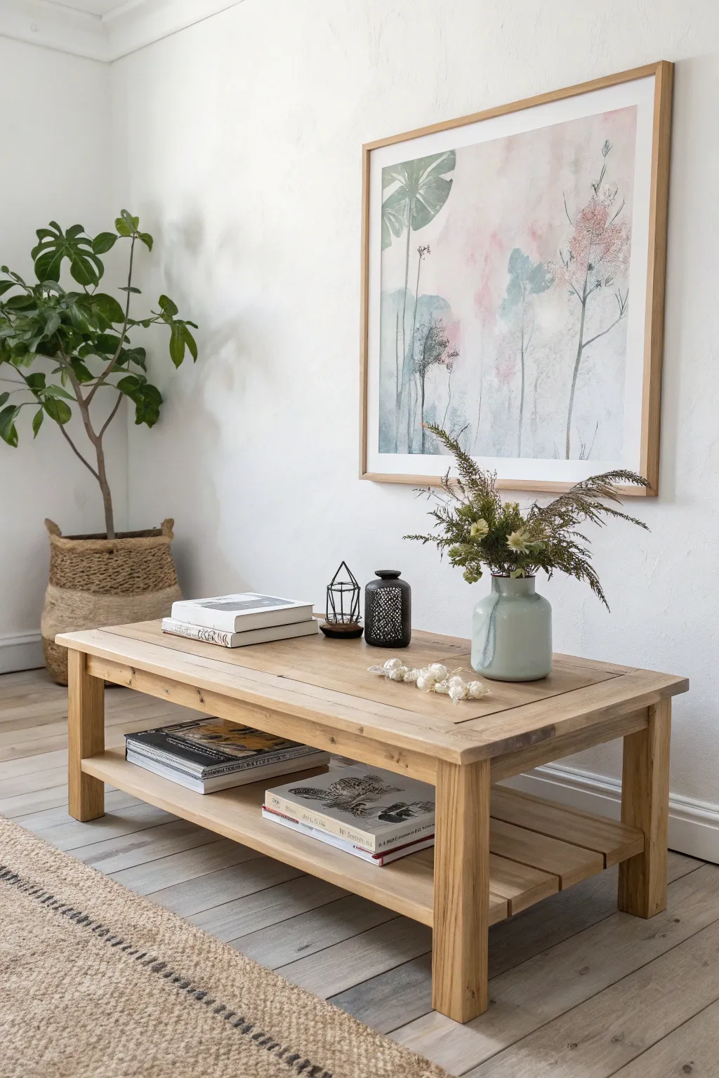 Elevate your space with a rotating art display on a minimalist coffee table—where simplicity meets artistic flair.