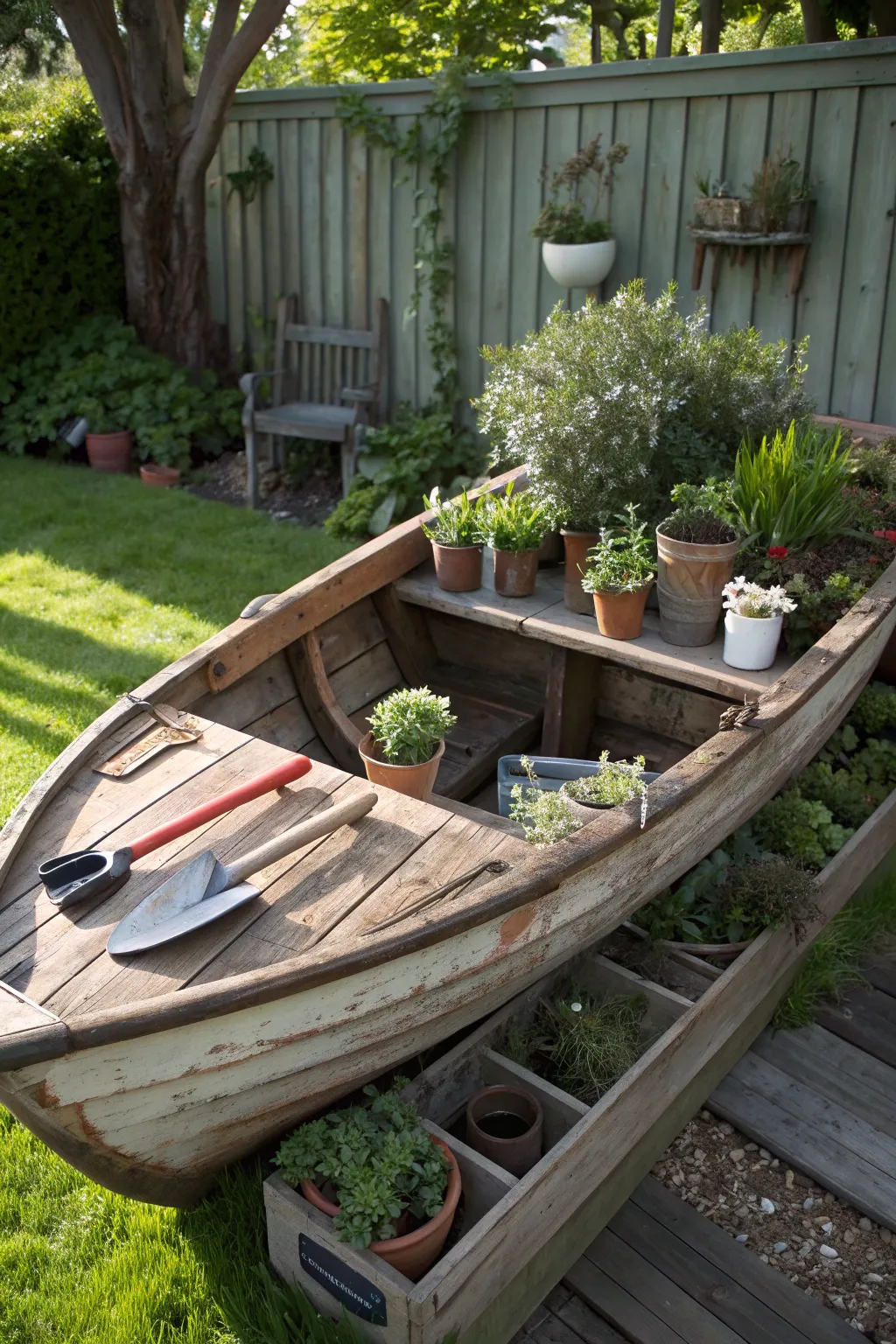 Transform your garden with this rustic boat potting bench, where craftsmanship meets nature.