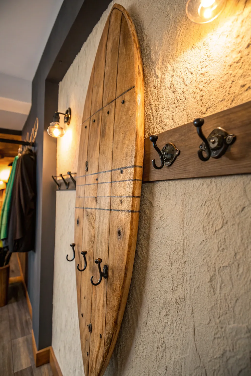 Elevate your entryway with a handcrafted surfboard coat rack that merges utility and artistry.