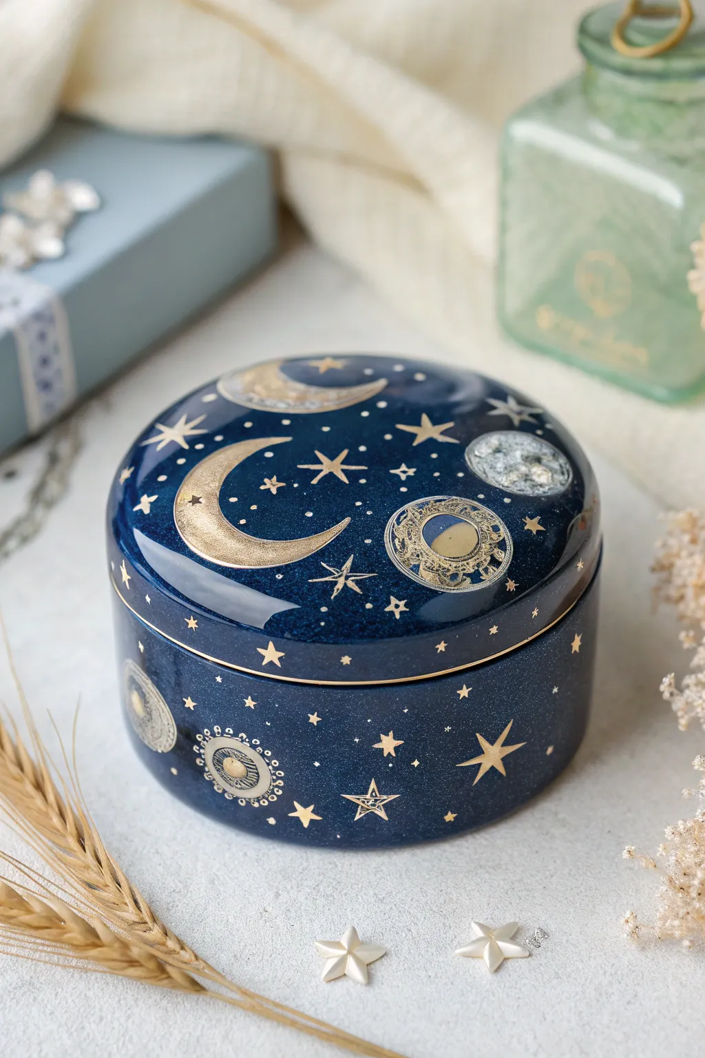 Capture the night sky in your decor with this dreamy celestial trinket box, where the moon and stars unite in minimalist elegance.