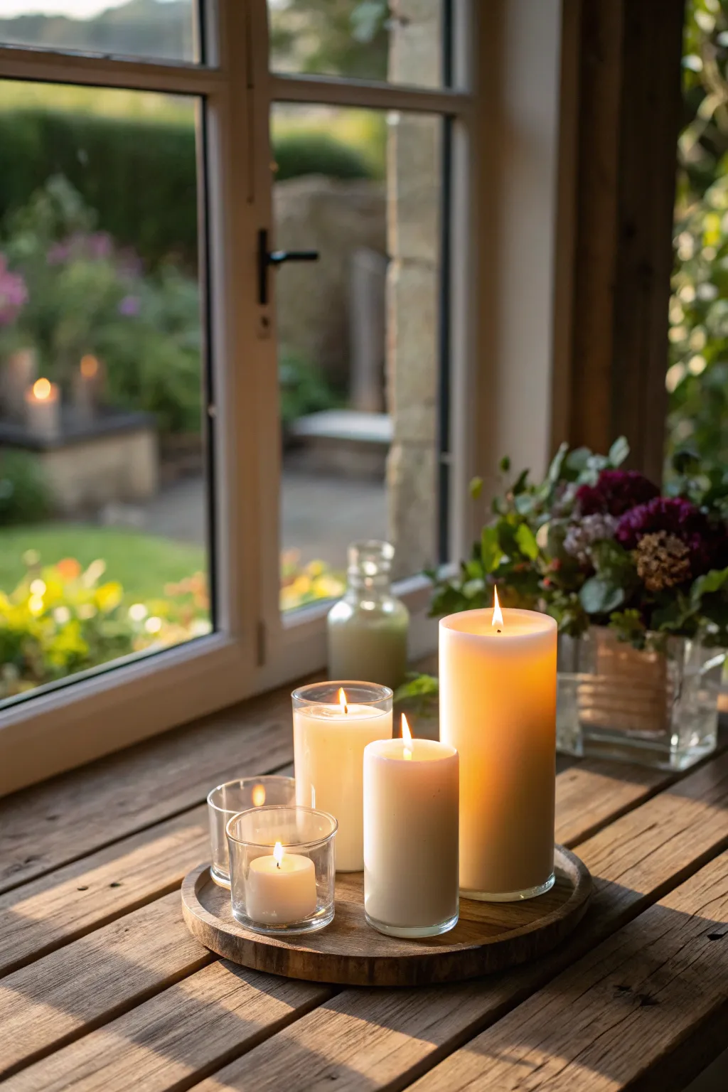 Candle display enhanced by warm natural light.