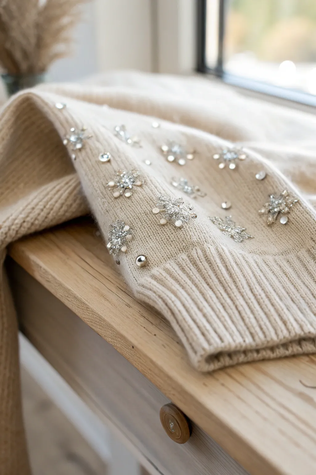 Elevate your cozy sweater with a touch of sparkle! ✨ #SparkleSleeves #RhinestoneElegance