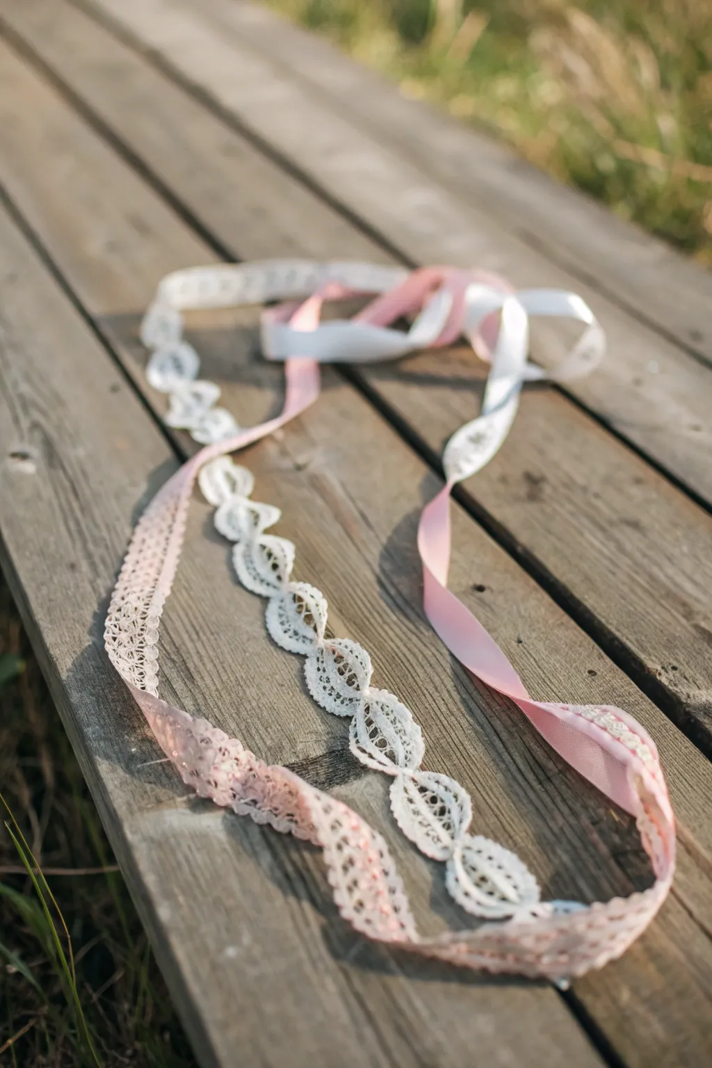 Embrace timeless elegance with a lace-adorned ribbon lei, perfect for your special day.