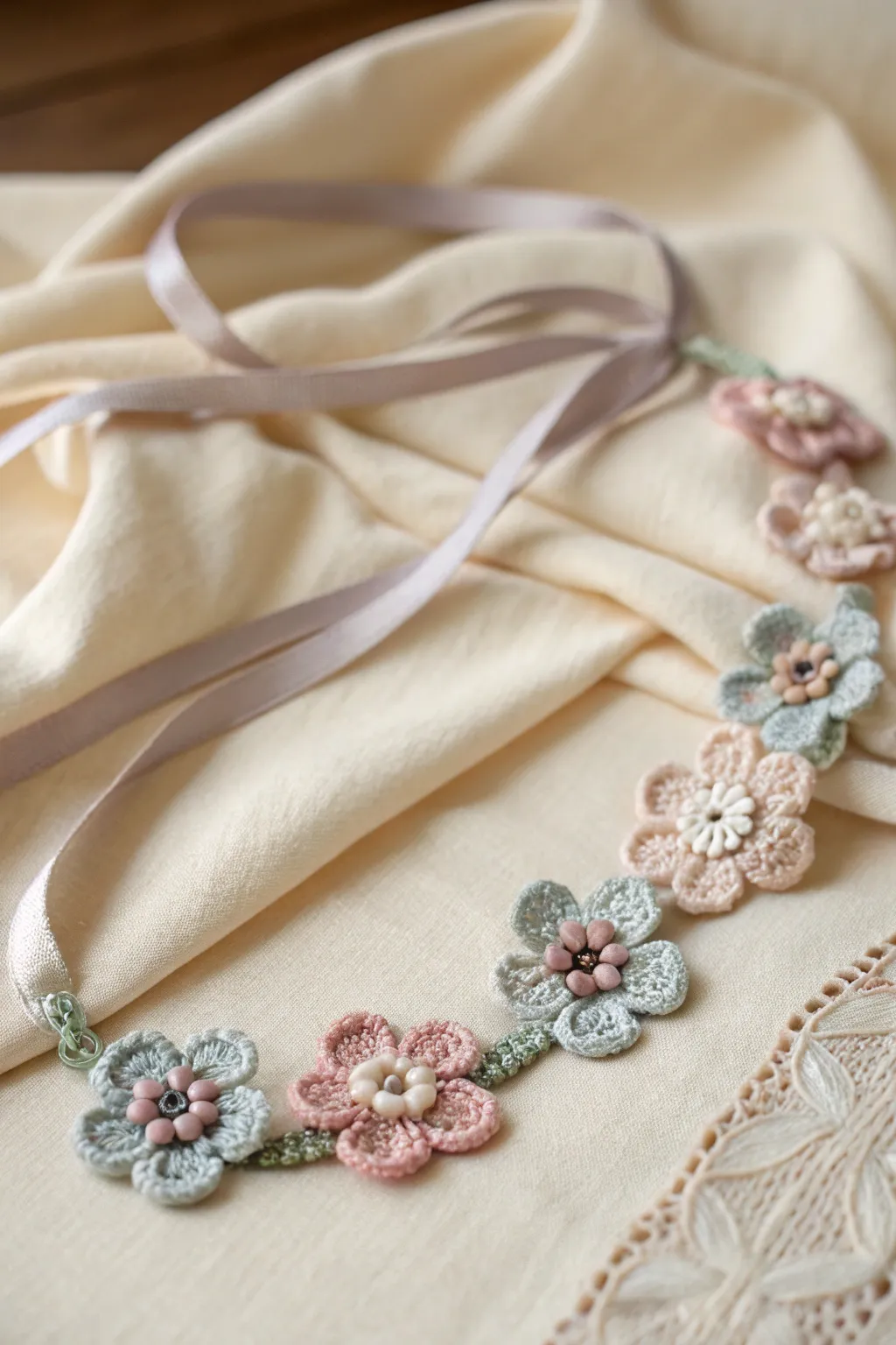 Discover the charm of DIY with this crochet-accented ribbon necklace, where simplicity meets artistry.