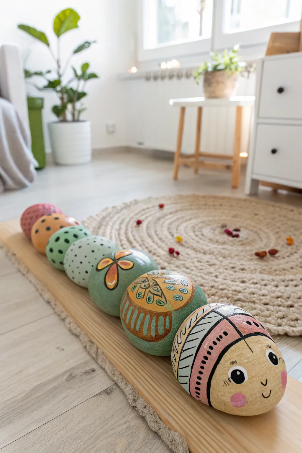 Craft a family memory with a charming, handcrafted rock caterpillar that celebrates simplicity and creativity.