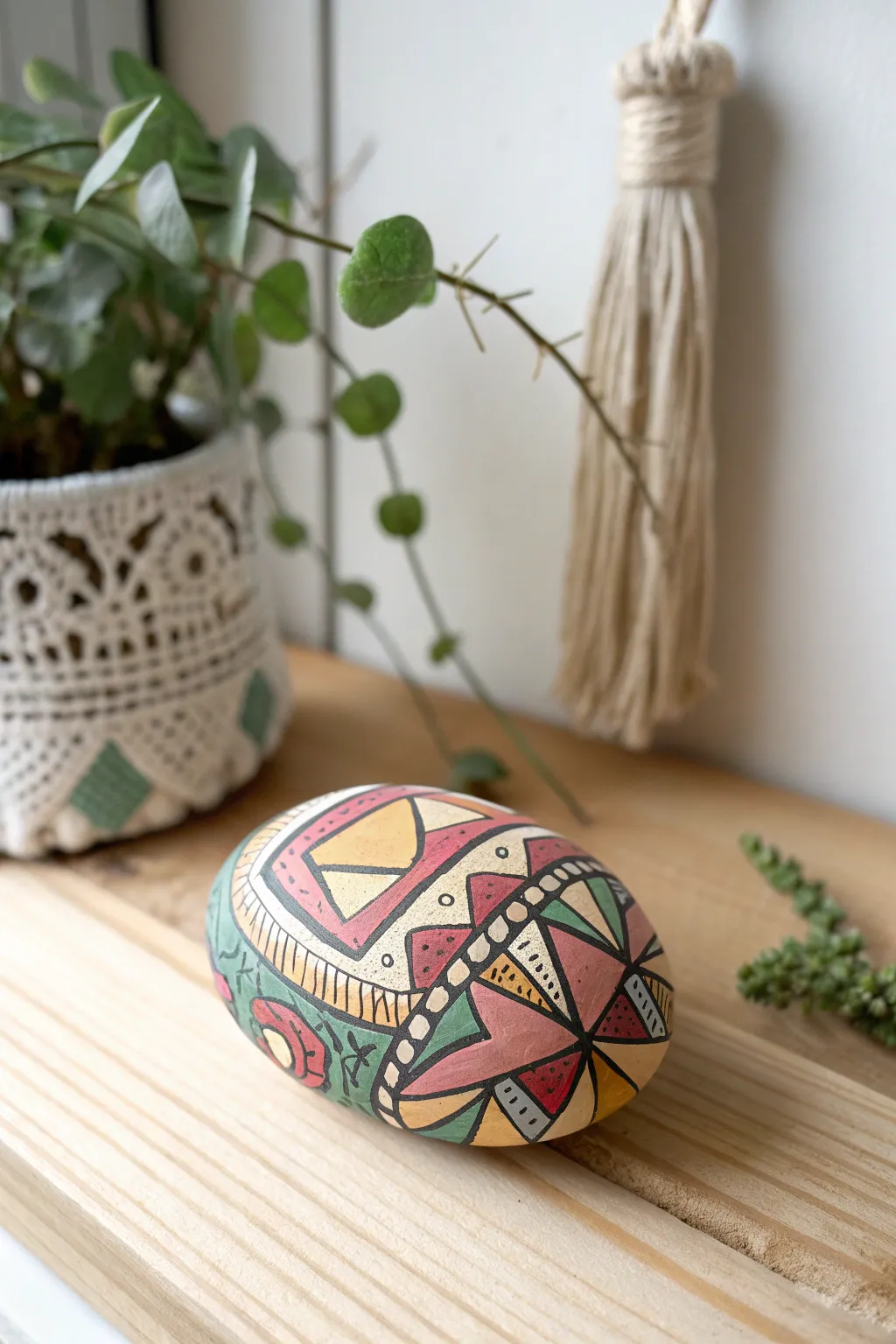Transform your space with a touch of retro charm! This painted rock brings back nostalgic vibes with its vibrant patterns. #RetroVibes #RockPainting #MinimalistDecor