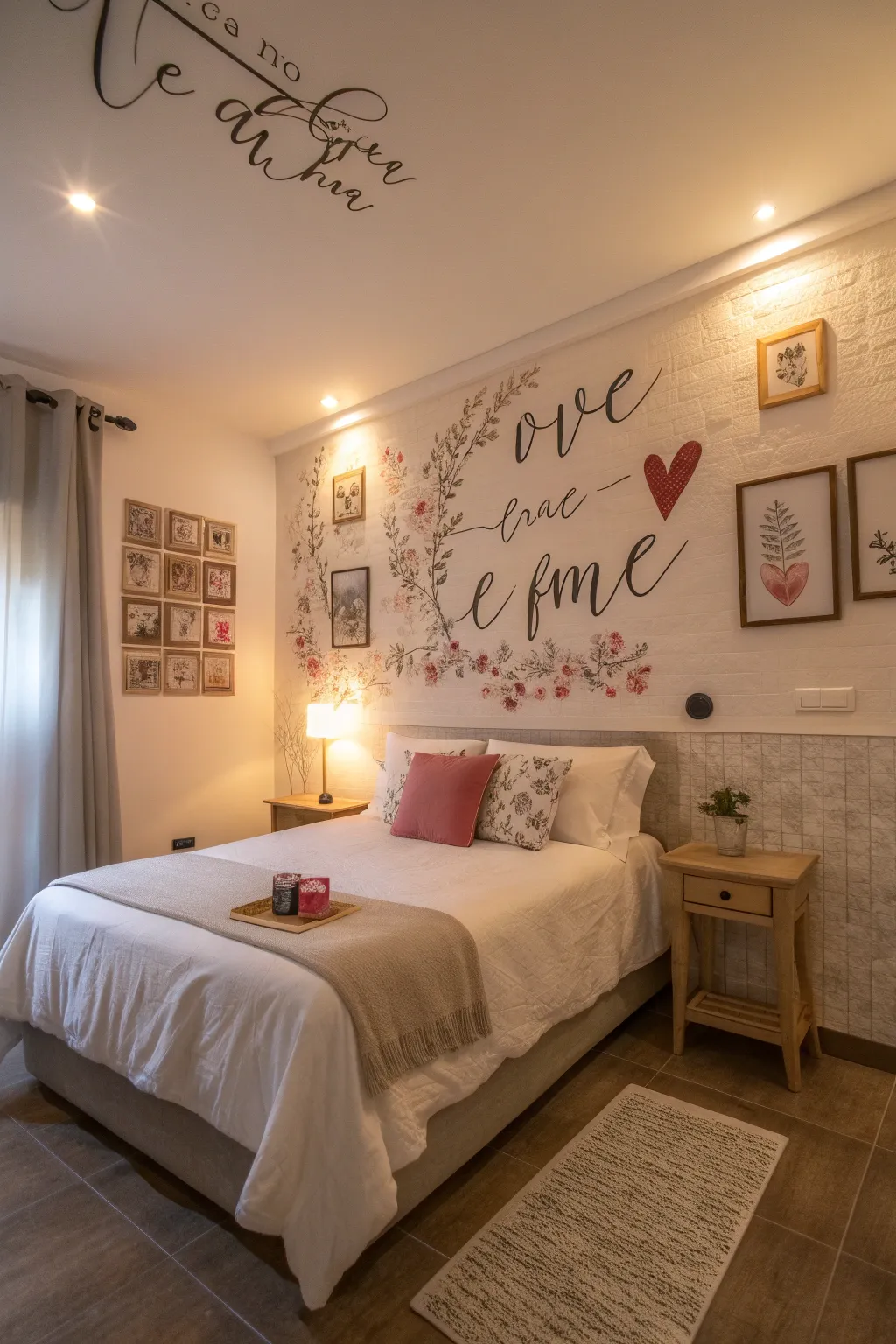 A statement wall adds a personalized romantic touch.