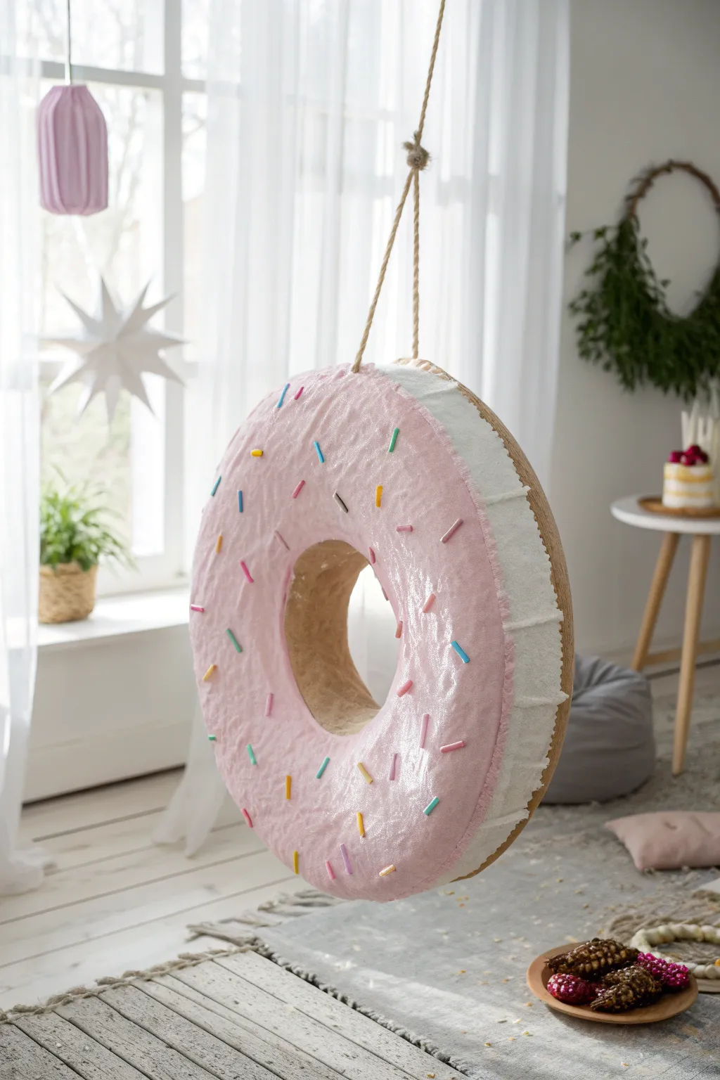 Indulge in the sweet charm of a donut pinata—where minimalist elegance meets playful delight!