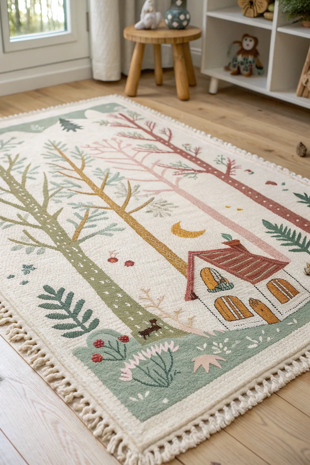 Step into a storybook world with this enchanting handcrafted rug—where tales come alive underfoot!