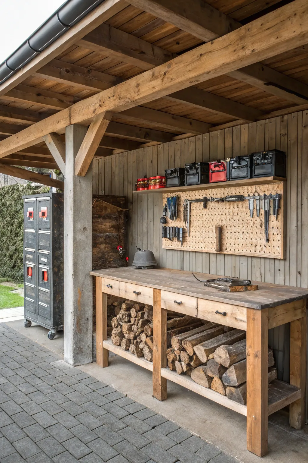 Transform your carport into a versatile workshop with rustic charm.