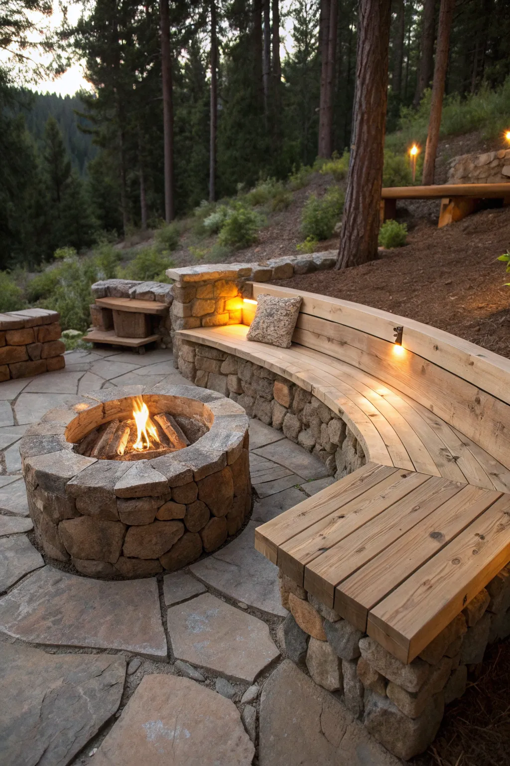 Embrace the art of craftsmanship in your outdoor space with a rustic fire pit and handcrafted wooden bench.