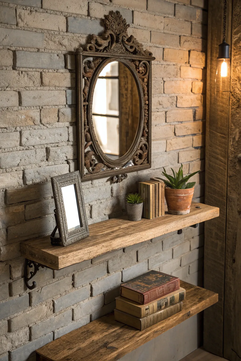 Elevate your hallway style with a rustic shelf and mirror combo that blends rugged charm with elegant flair.