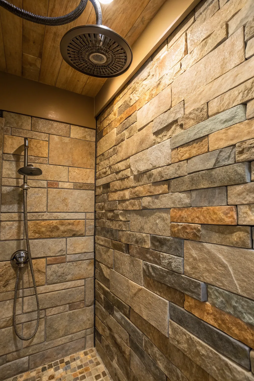 Transform your shower into a high-end retreat with the timeless elegance of ledge stone tiles.