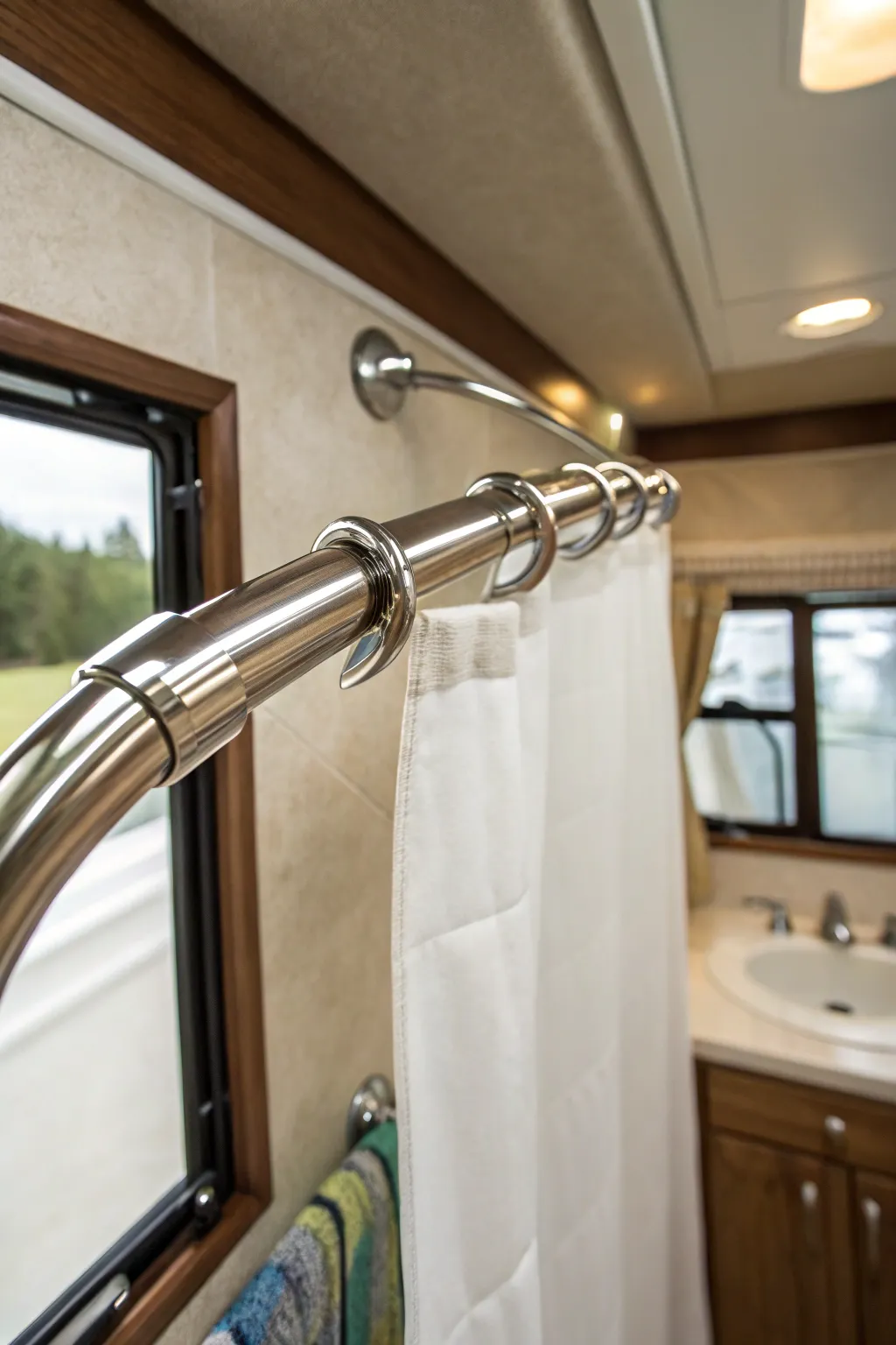 Transform your RV bathroom with a stylish curved shower curtain rod for a touch of elegance and extra space.