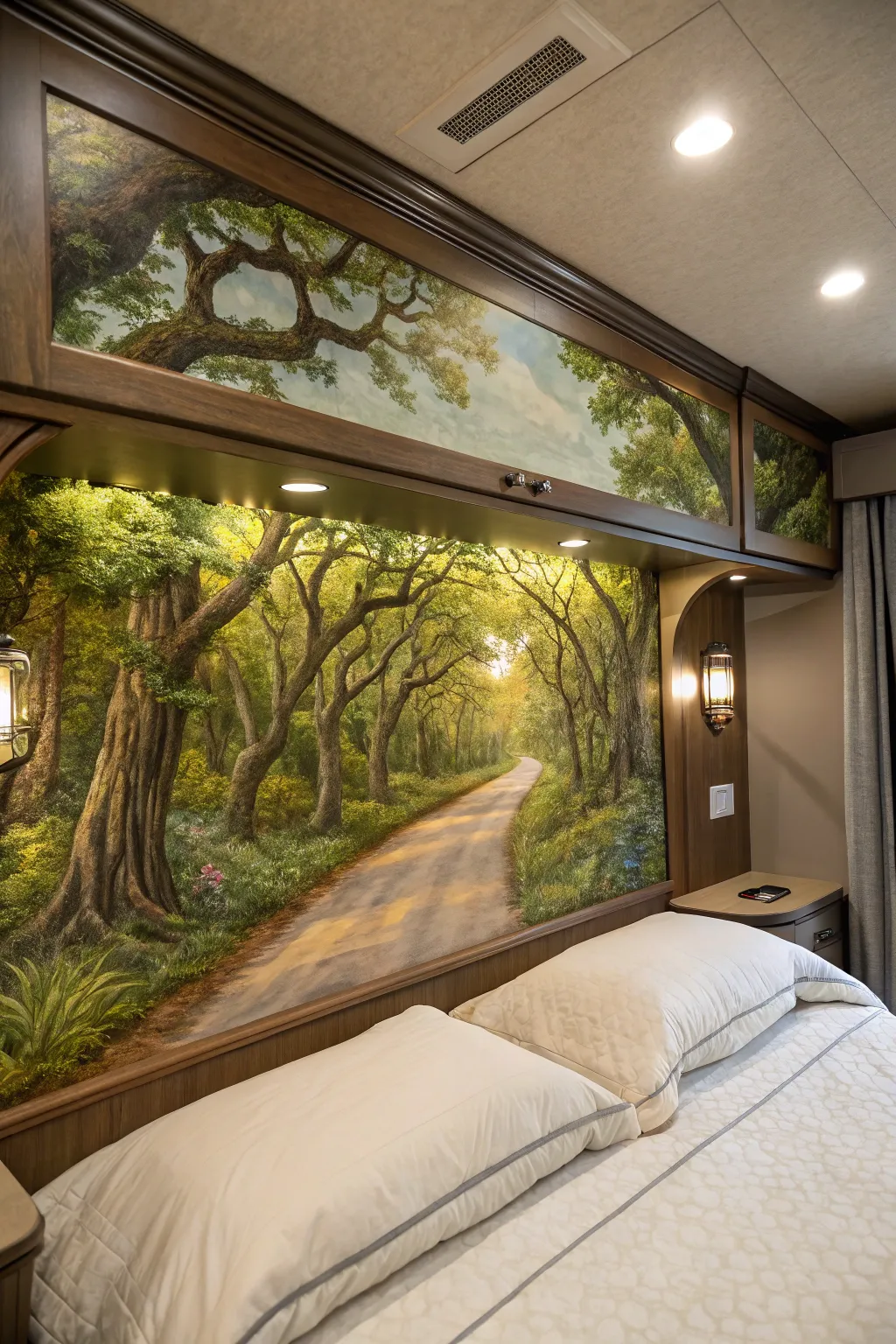 Dive into dreamland with a headboard that transforms your RV into a forest adventure. #Craftsmanship #RVDecor