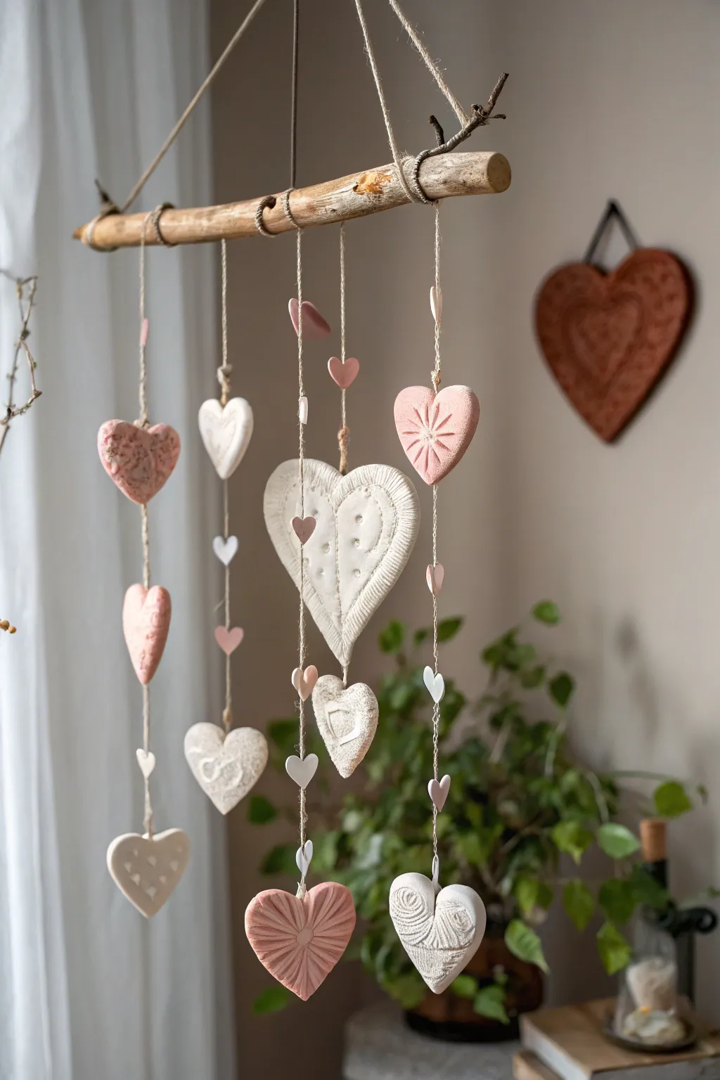Elevate your decor with this charming salt dough heart mobile, blending minimalist elegance with Boho warmth.
