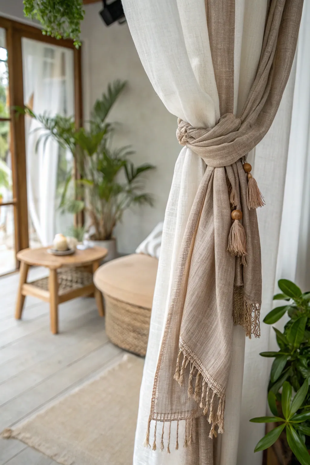 Transform your curtains with a touch of personal flair using a scarf tieback. Embrace the beauty of simplicity and craftsmanship.