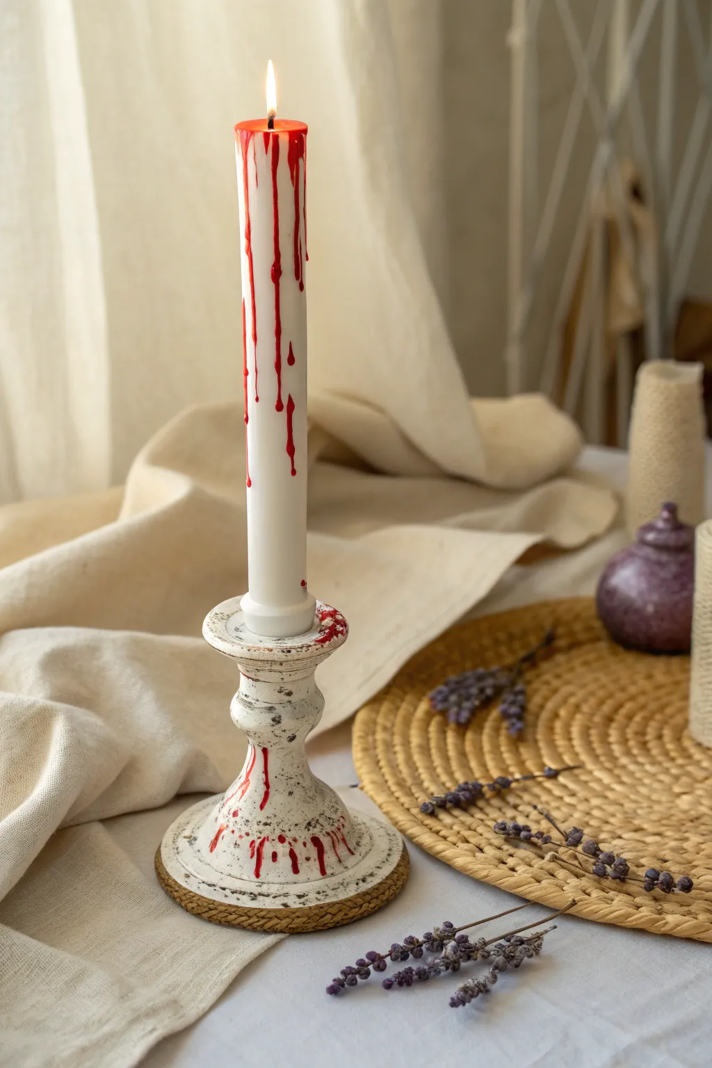 Elevate your Halloween decor with a touch of minimalist elegance: blood-dripping candlesticks that blend gory drama with Scandinavian simplicity.