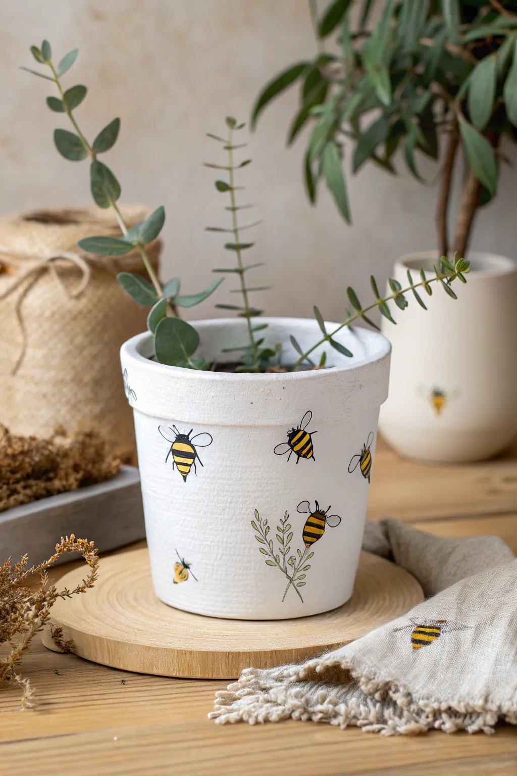 Crafted with love: Transform a simple pot into a buzzing masterpiece with fingerprint bees. Perfect for adding a touch of whimsy to any space!