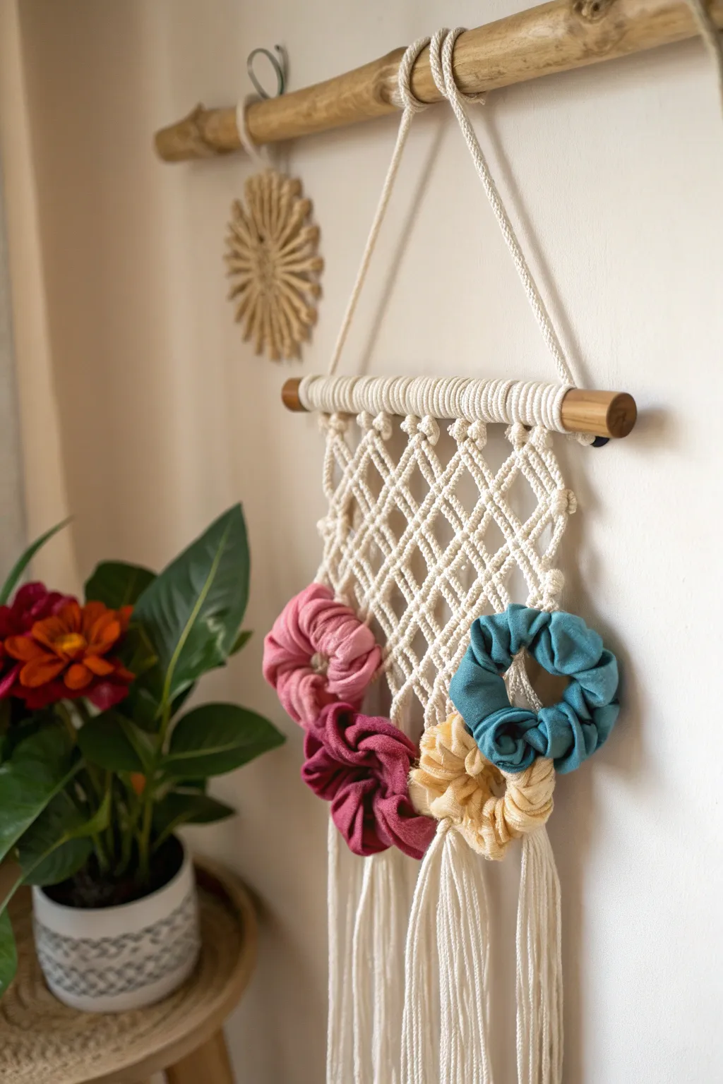 Elevate your space with this chic hanging macramé scrunchie holder—where artistry meets functionality.
