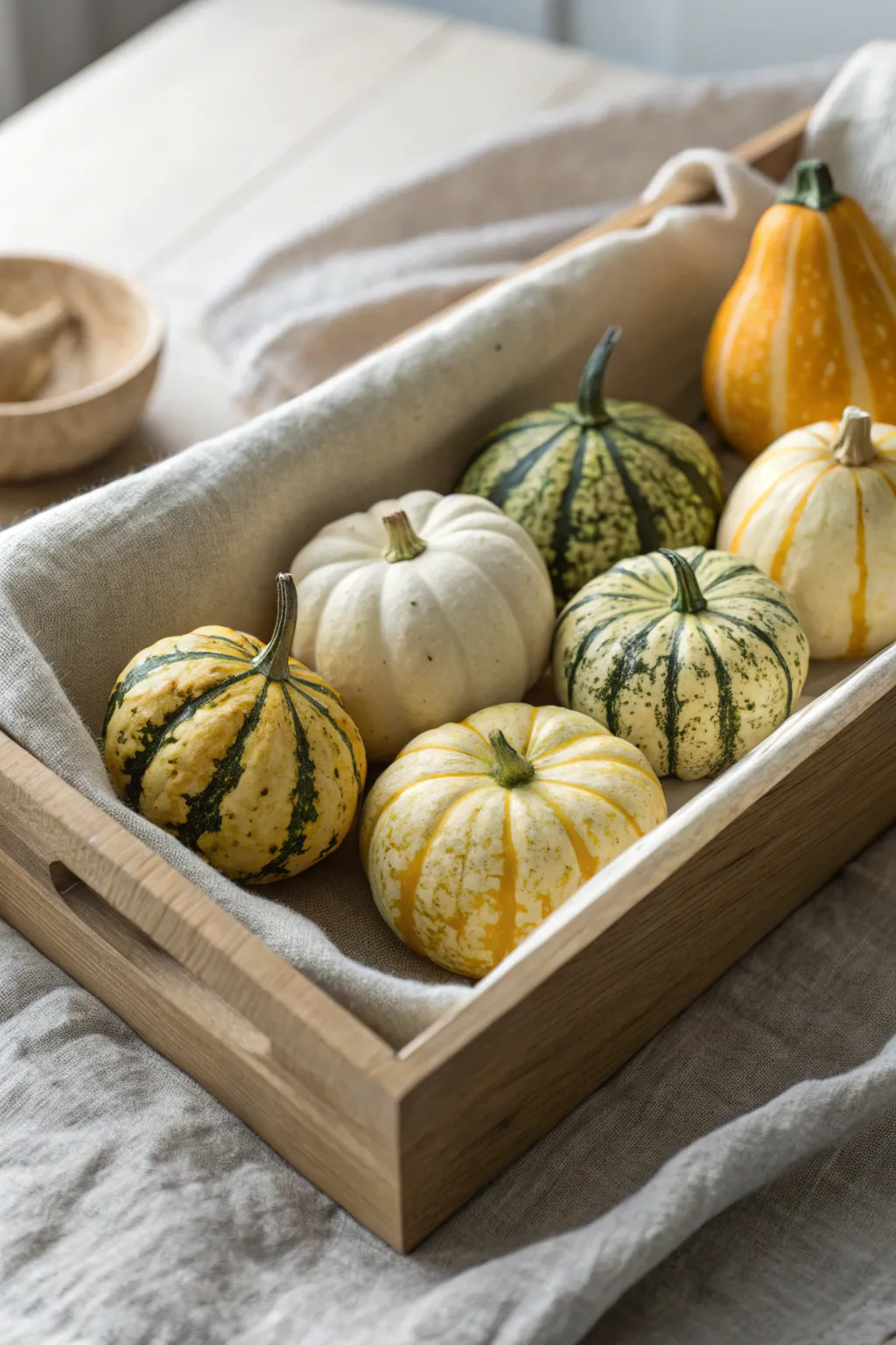 Embrace the tactile allure of autumn with a curated collection of textured gourds.