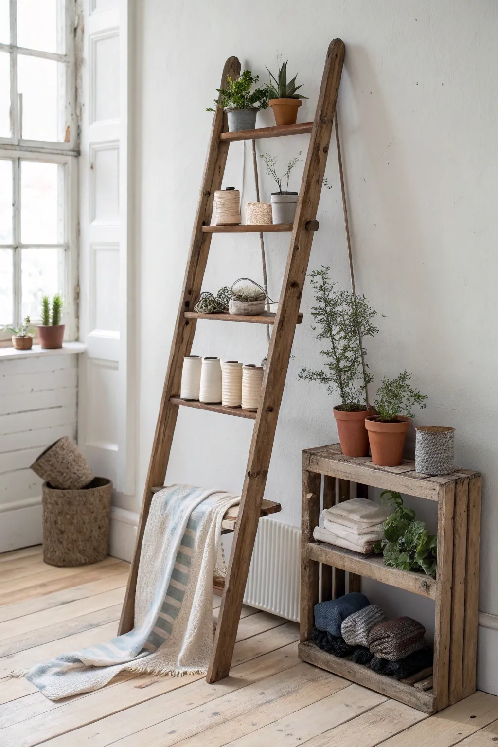 Transform your craft space with a vintage ladder—style meets storage in the most charming way!
