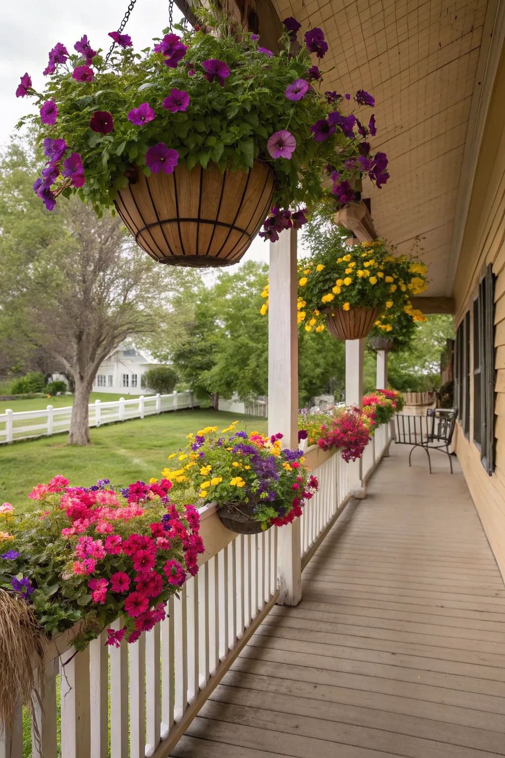 Hanging baskets add vertical interest to the porch.