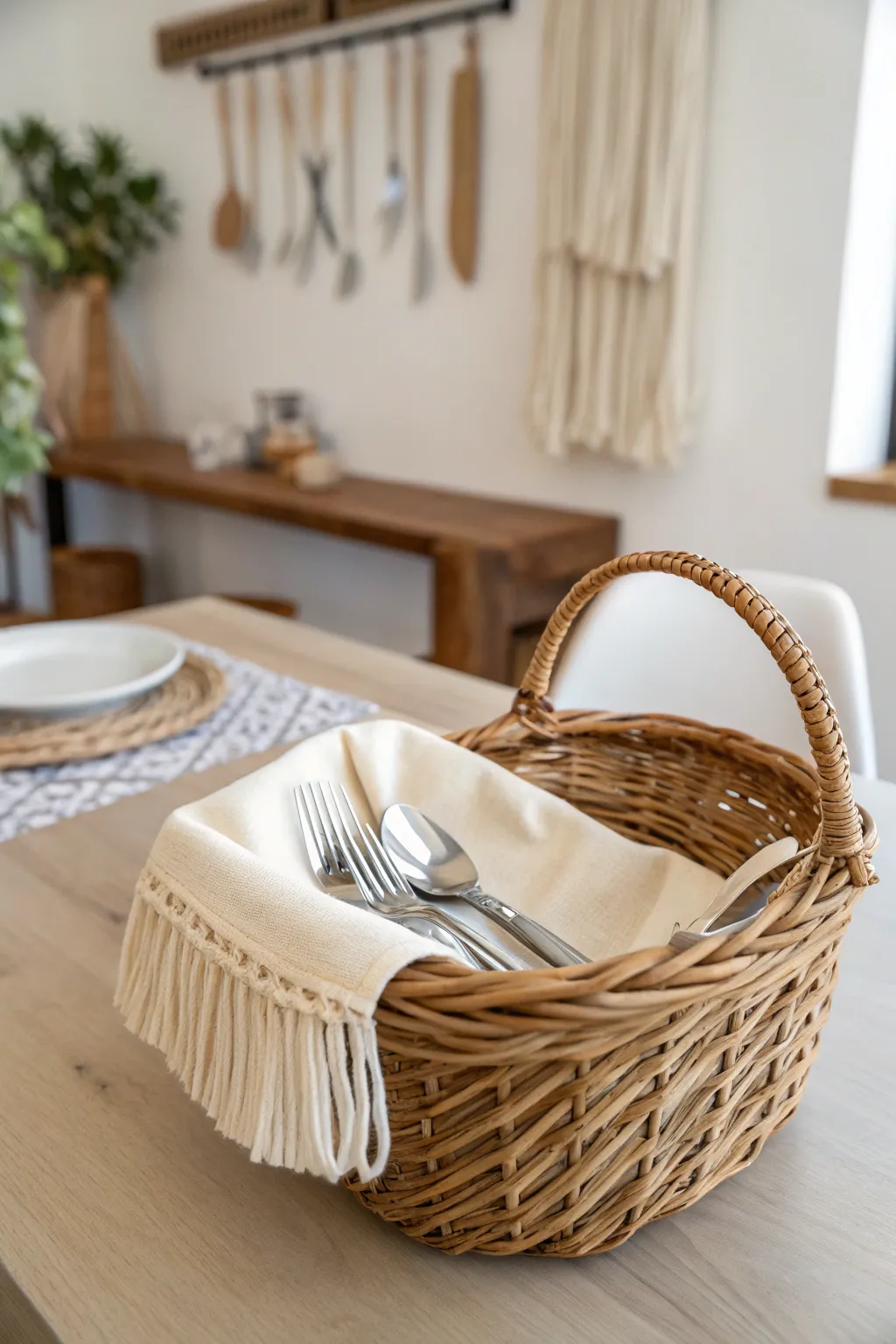 Elevate your party setting with a touch of minimalist elegance: silverware nestled in a woven basket.