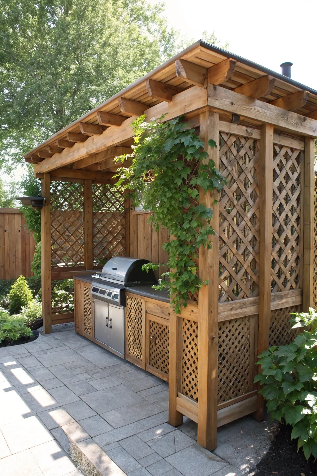 Elevate your grilling space with a lattice panel shelter that blends beauty with functionality.
