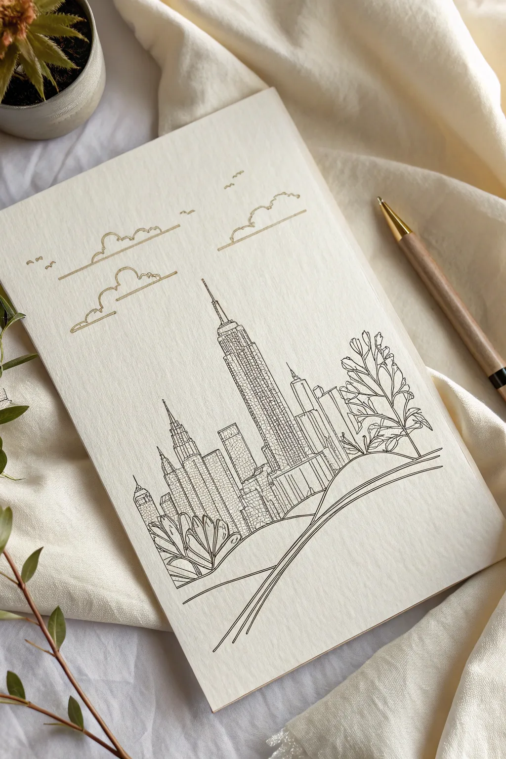 Find beauty in simplicity with this minimalist city skyline sketch, capturing the essence of urban and natural harmony.