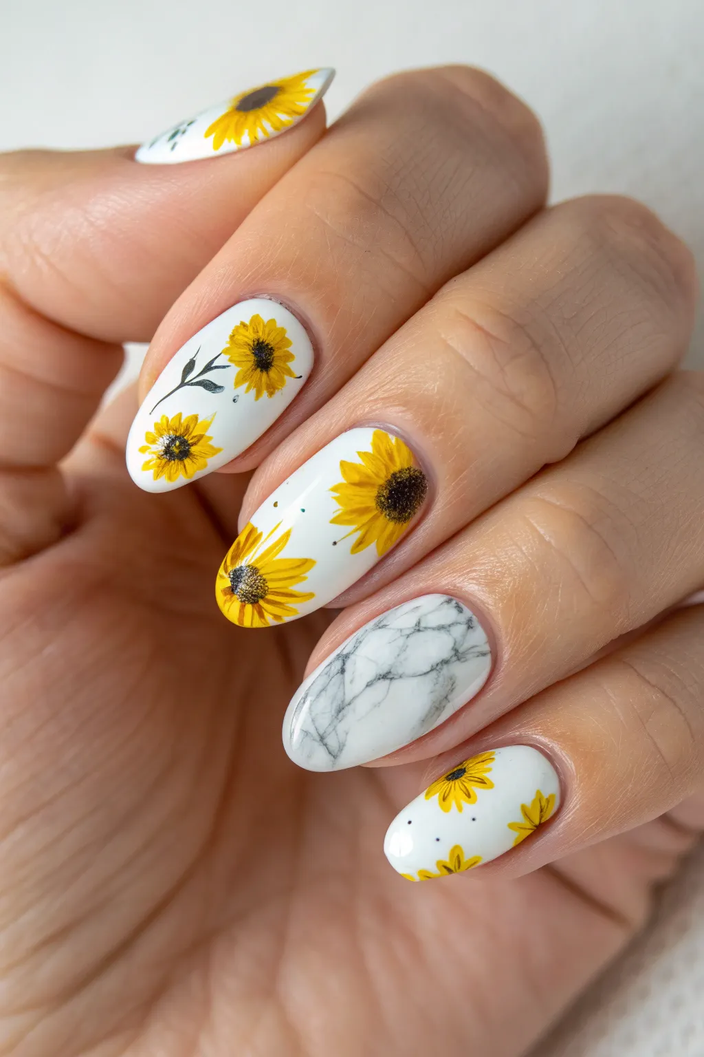 Embrace the natural elegance with this sunflower and marble nail art fusion, where minimalism meets artistic flair.