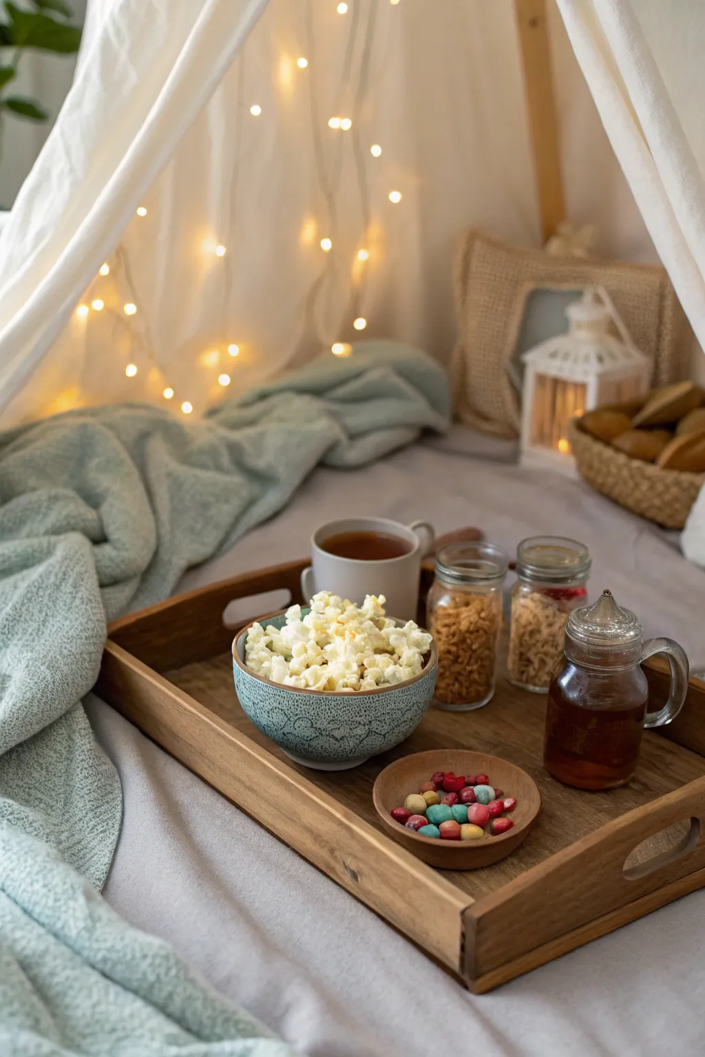 Transform your sleepover fort into a cozy movie night haven with a charming snack zone station.