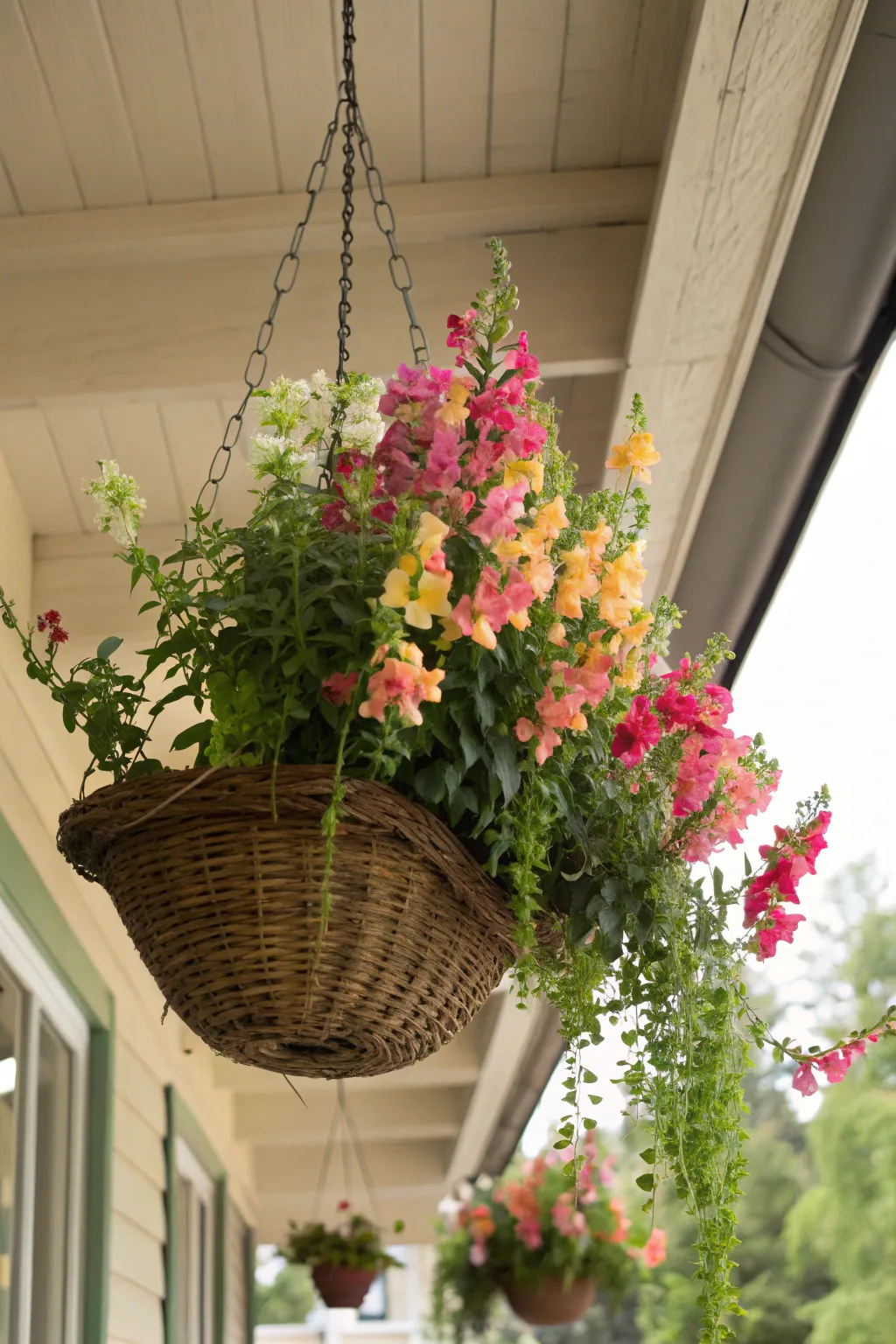 Snapdragons in hanging baskets create a colorful cascade of blooms.