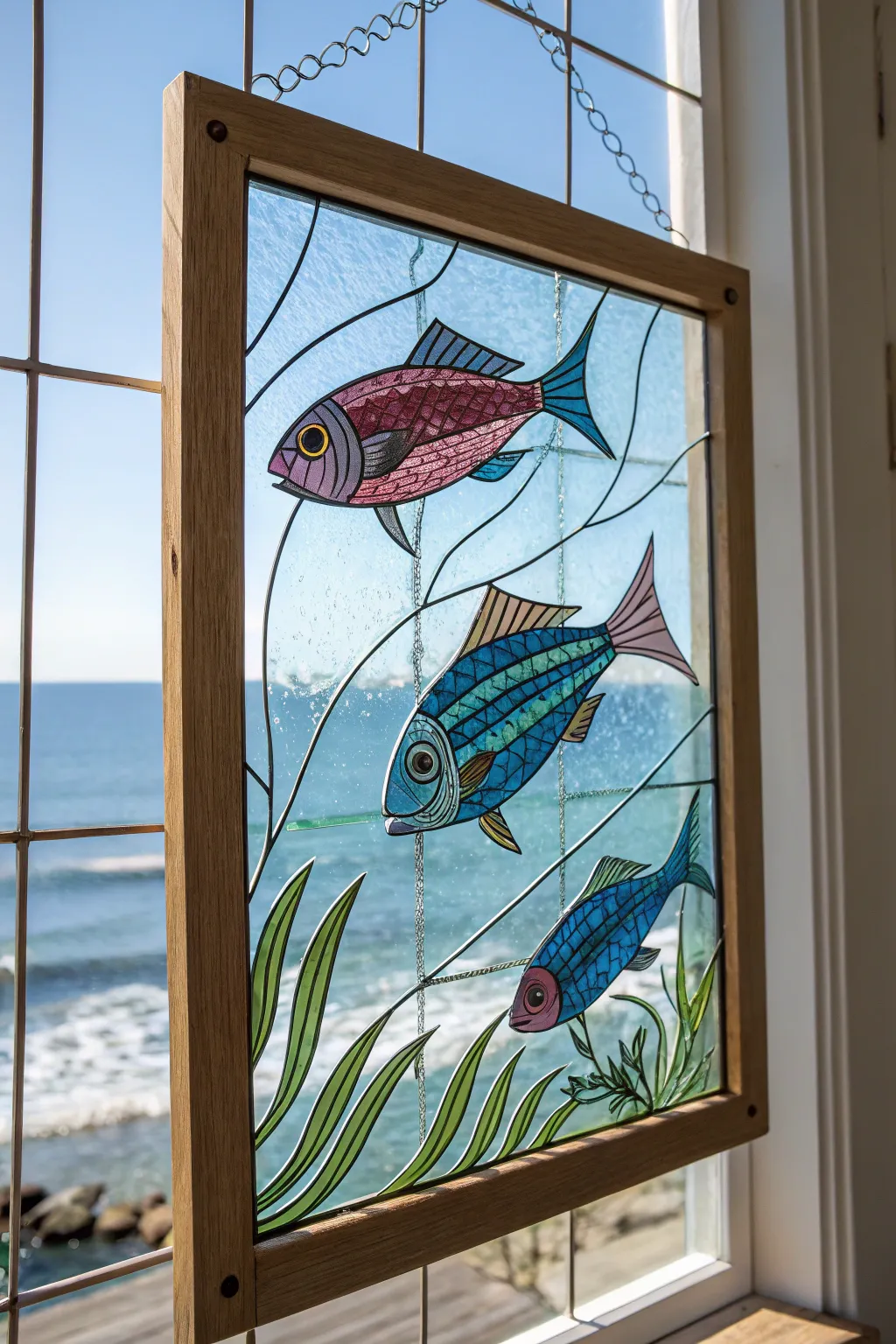 Dive into tranquility with fanciful, colorful fish in stained glass art, bringing vibrant serenity to your space.