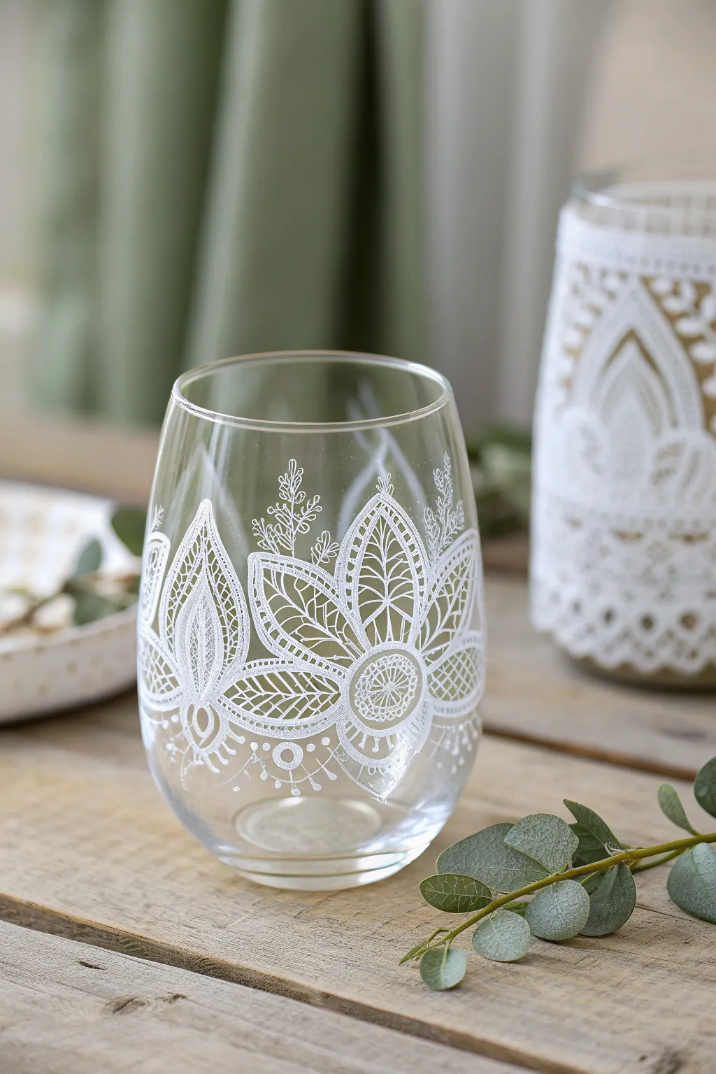 Add a touch of vintage elegance to your table with lace-painted stemless wine glasses.
