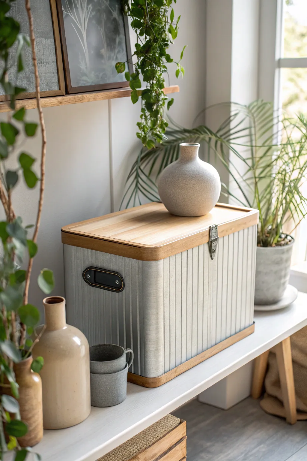 Elevate your storage game with a stunning mix of wood and tin for that perfect minimalist-boho blend.