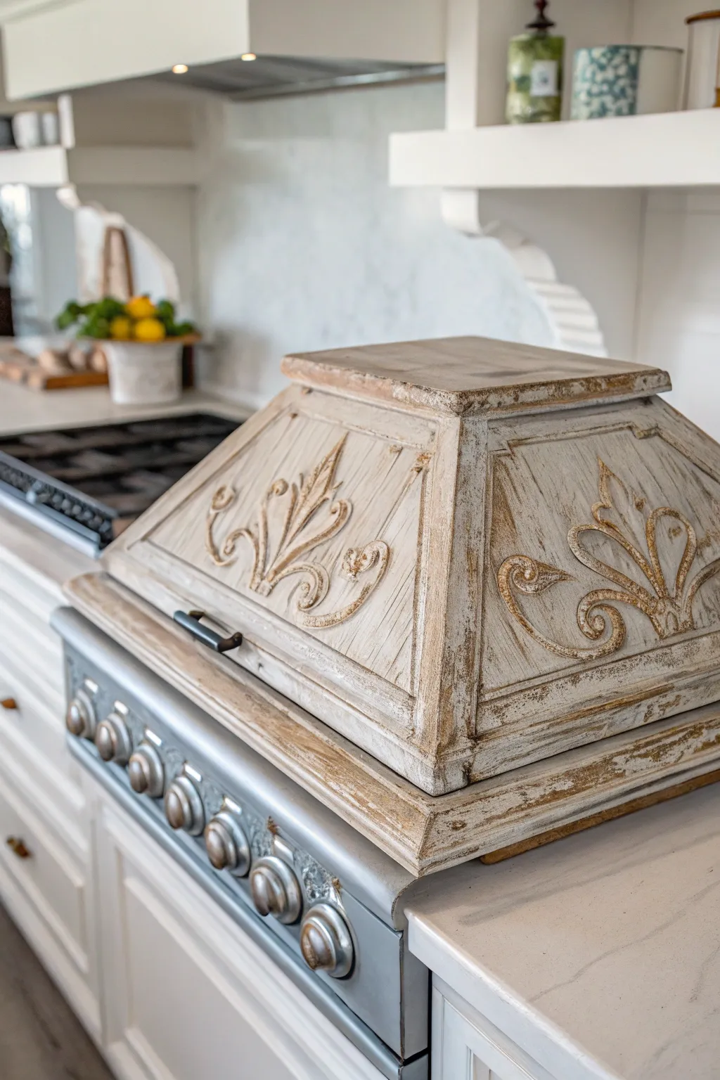 Transform your kitchen with a touch of vintage charm using a distressed paint stove cover. Perfect blend of rustic elegance and Scandinavian simplicity.