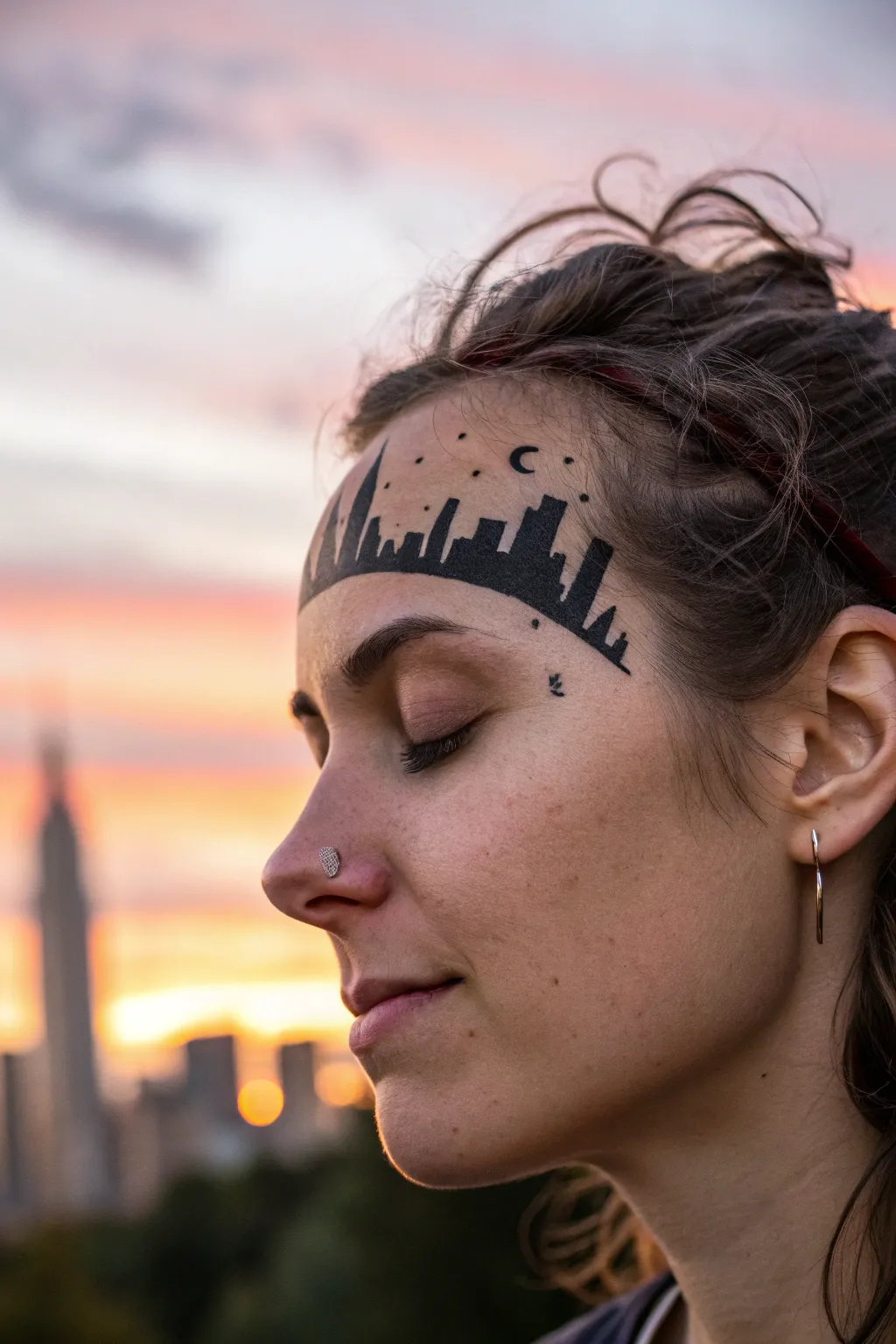 Sunset skyline silhouette: Embrace the artistry of minimalism with this stunning face paint design.