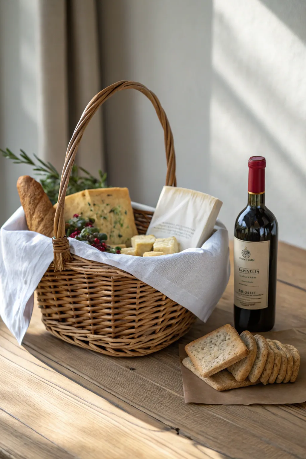 Elevate your summer gatherings with a Wine and Cheese Soiree basket, perfect for a chic and cozy evening.