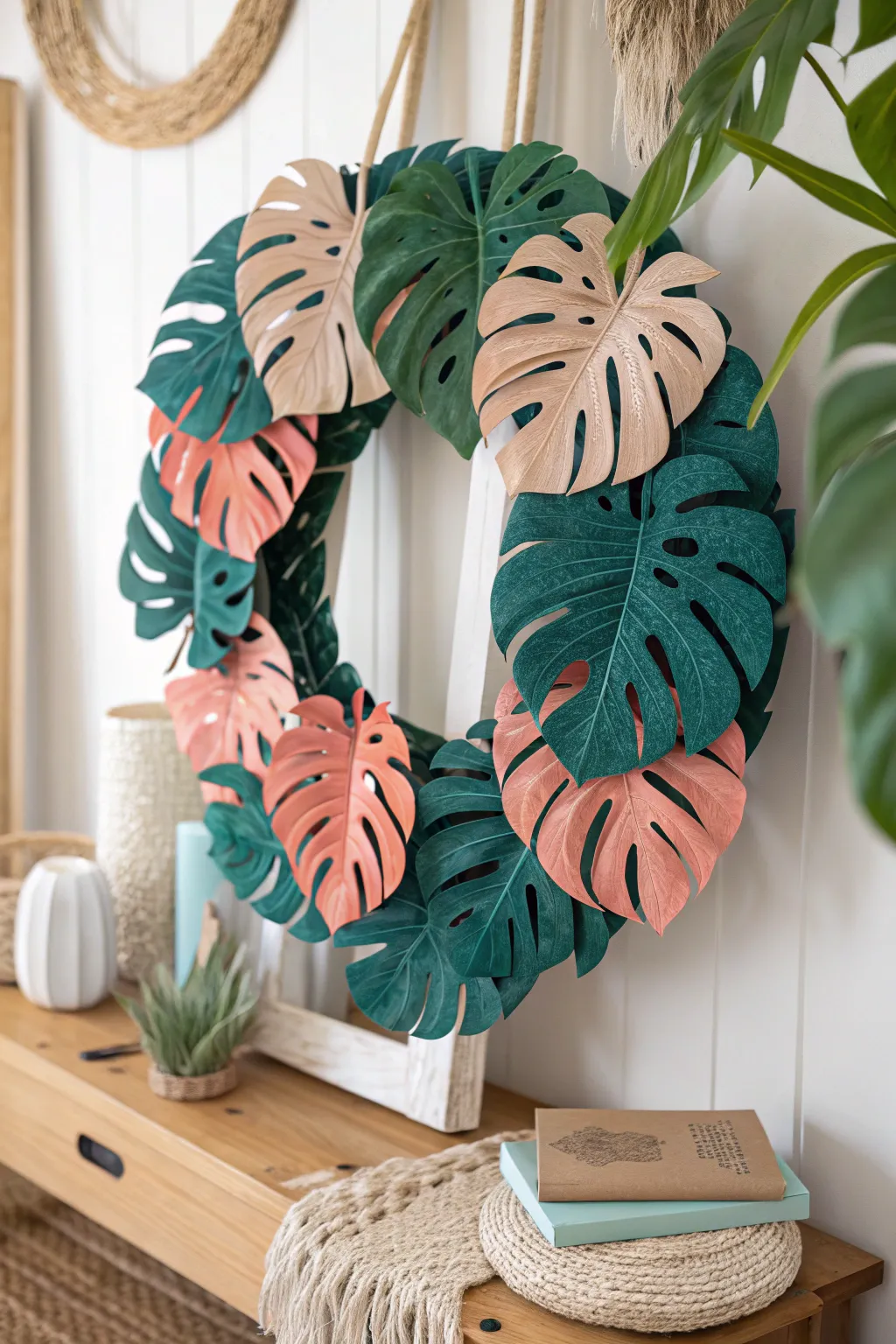 Add a tropical twist to your decor with a painted monstera leaf wreath—where bold colors meet minimalist elegance.