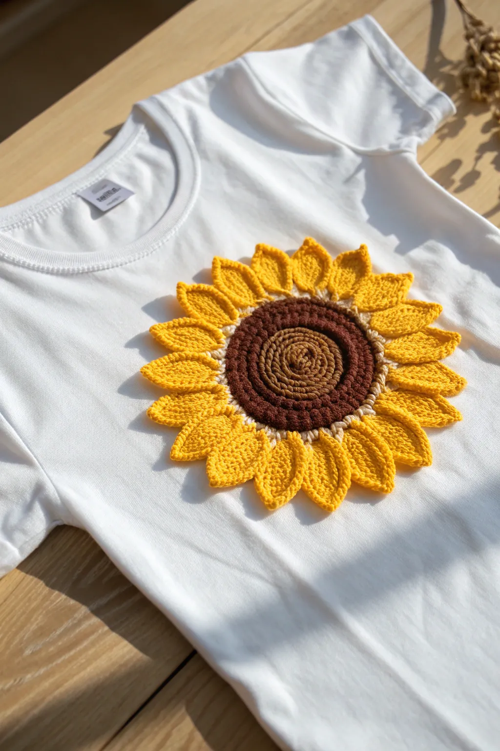 Elevate your style with a touch of sunshine: a handmade sunflower appliqué turns a simple tee into a boho-chic statement piece.