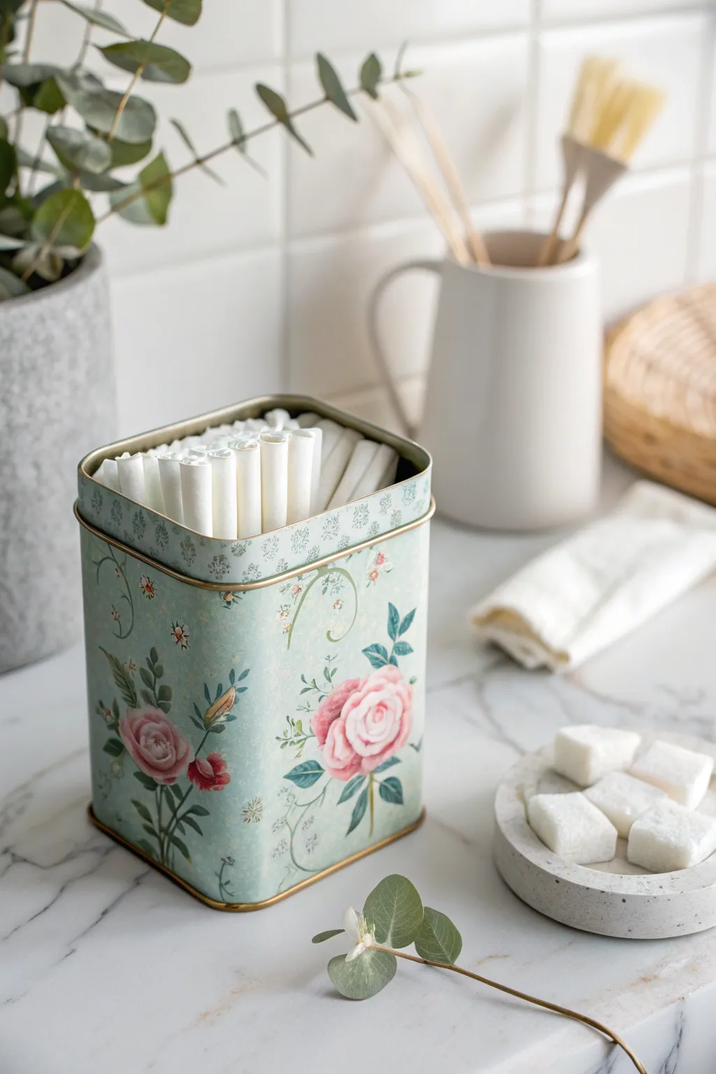 Upcycle with charm: Vintage tea tins for a stylish and unique tampon storage solution.