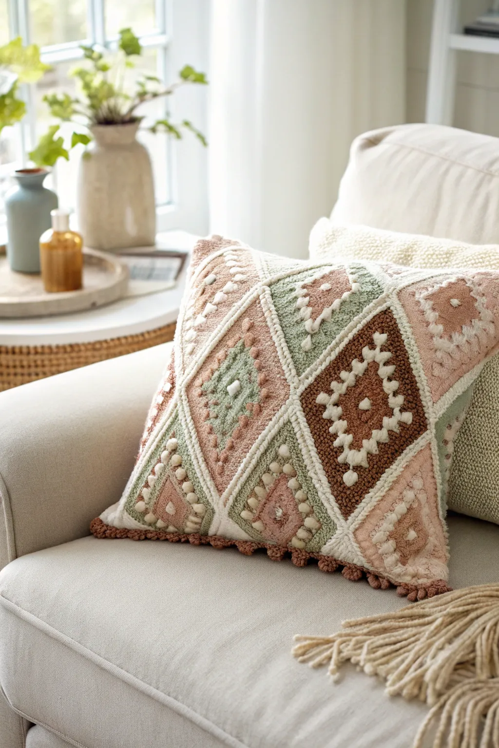 Embrace the nostalgia of retro vibes with this beautifully crafted tapestry crochet pillow.