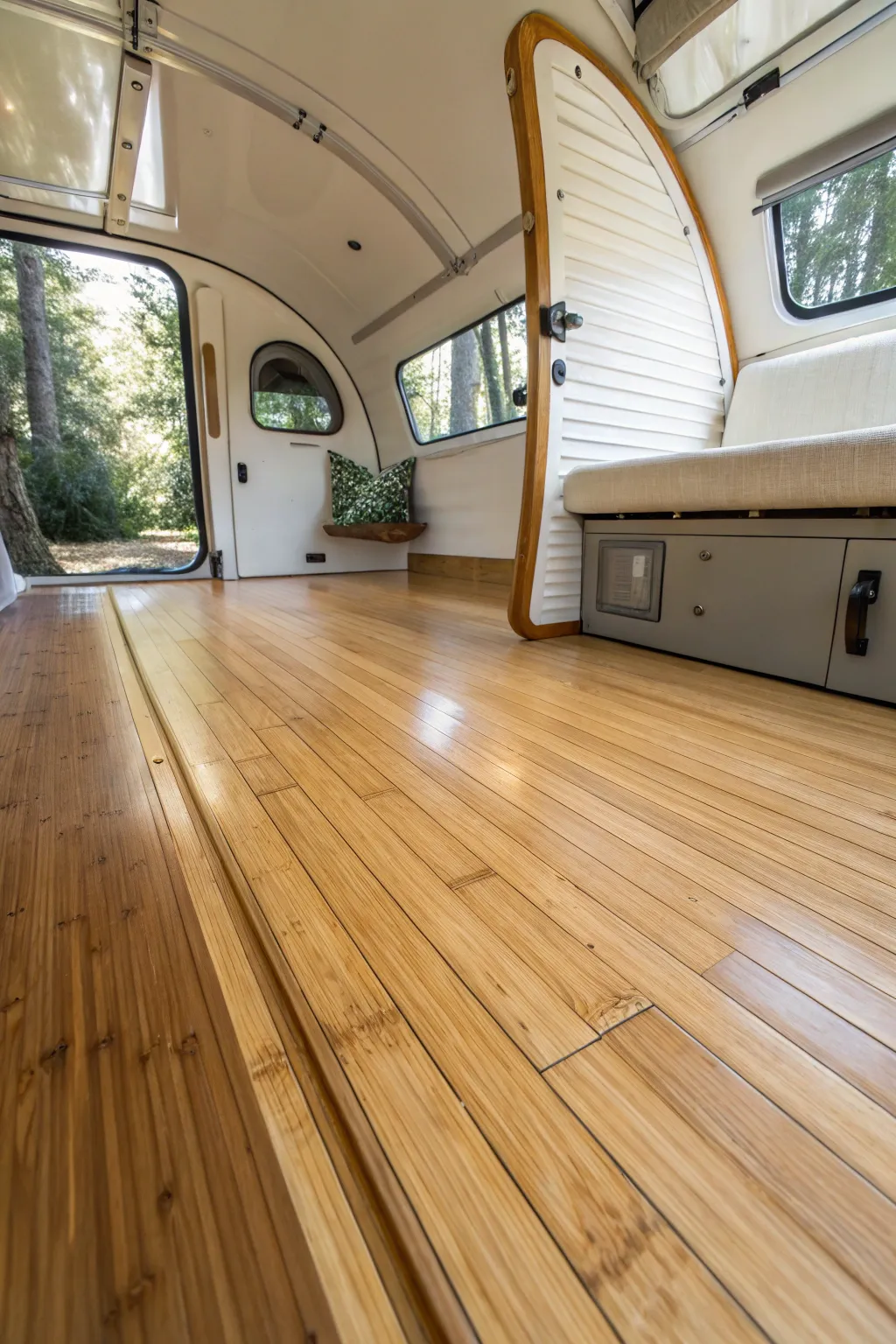 Elevate your teardrop camper with sustainable bamboo flooring: where style meets eco-friendly craftsmanship.