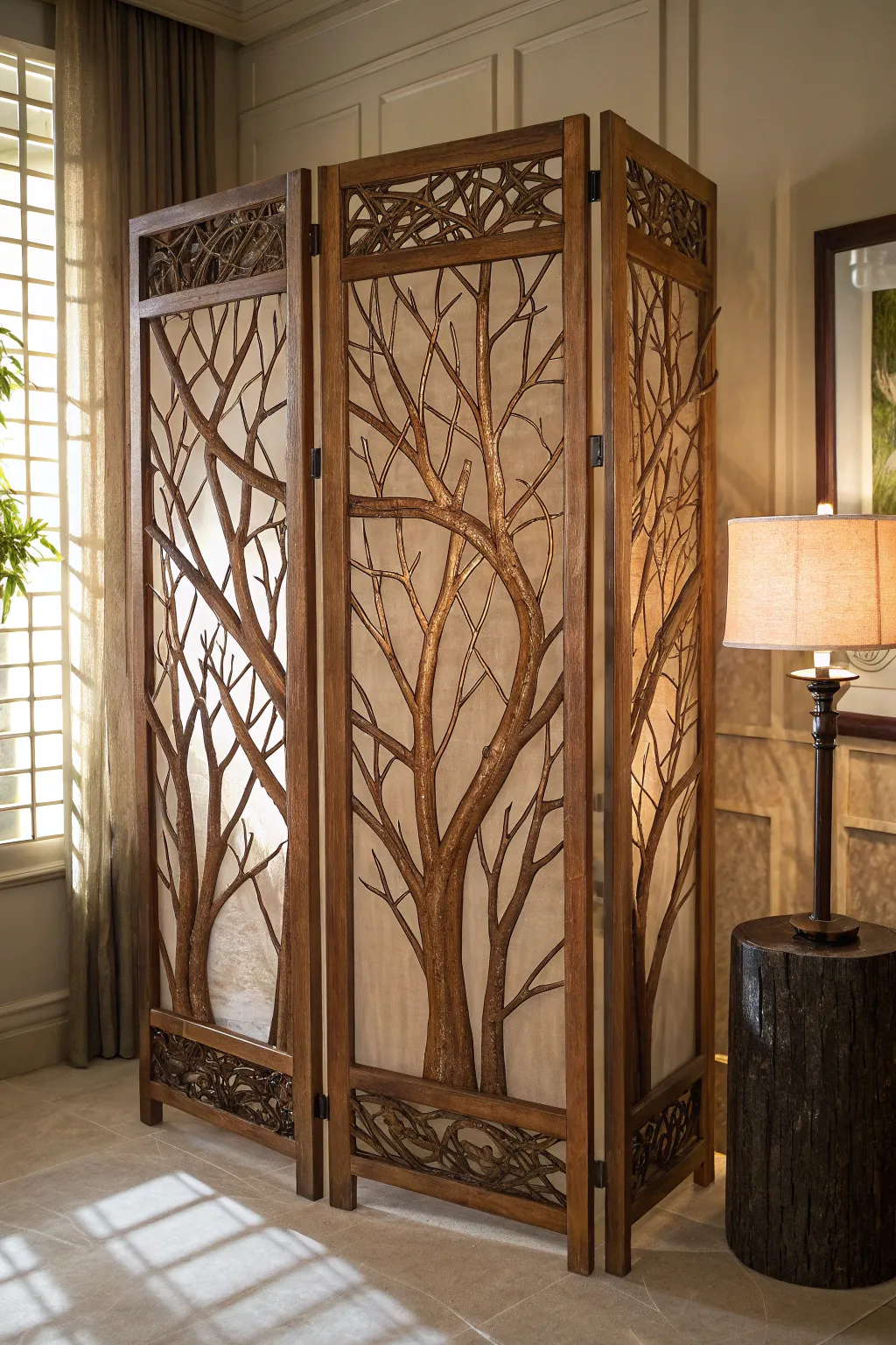 Bring nature indoors with a handcrafted branch and twig screen – rustic charm meets modern elegance.
